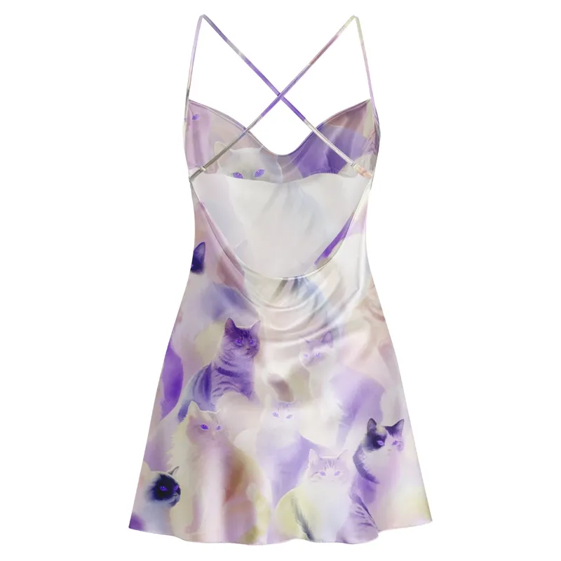 Soulisfree Soft Lavender Kitten Galaxy Cowl Neck Satin Mini Dress