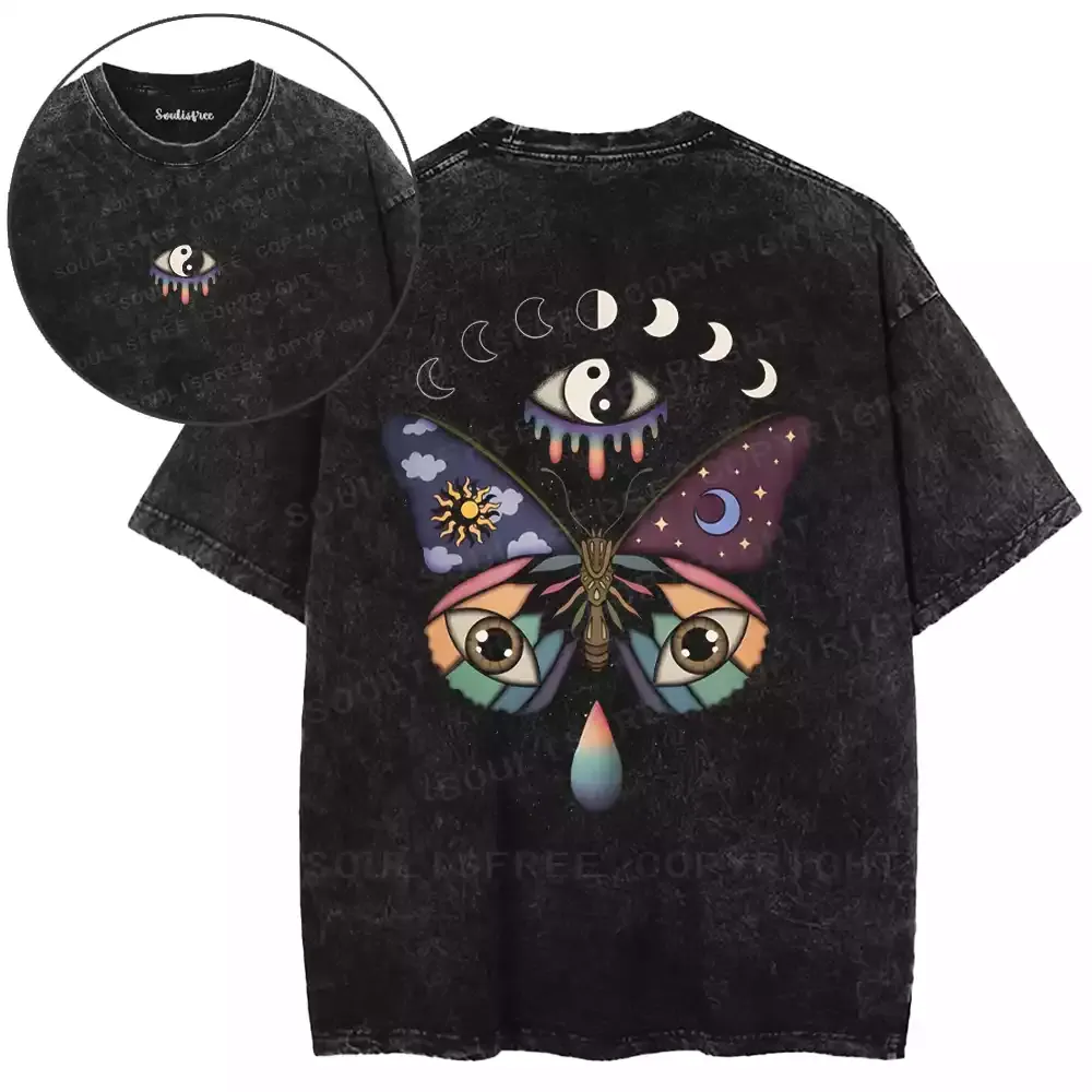 Yin-Yang Lunar Phase Butterfly Washed T-shirt