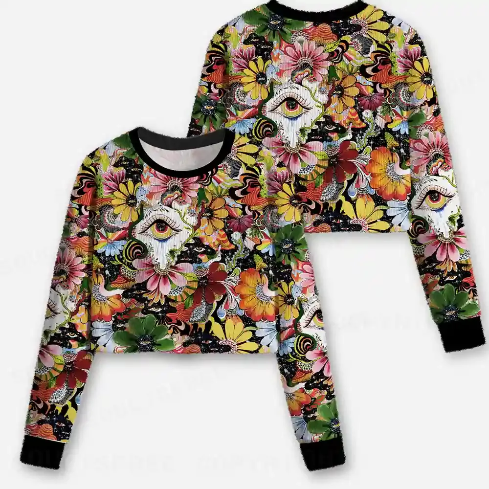 Whimsical Eyes: A Psychedelic Garden Adventure Cropped Ugly Christmas Sweater