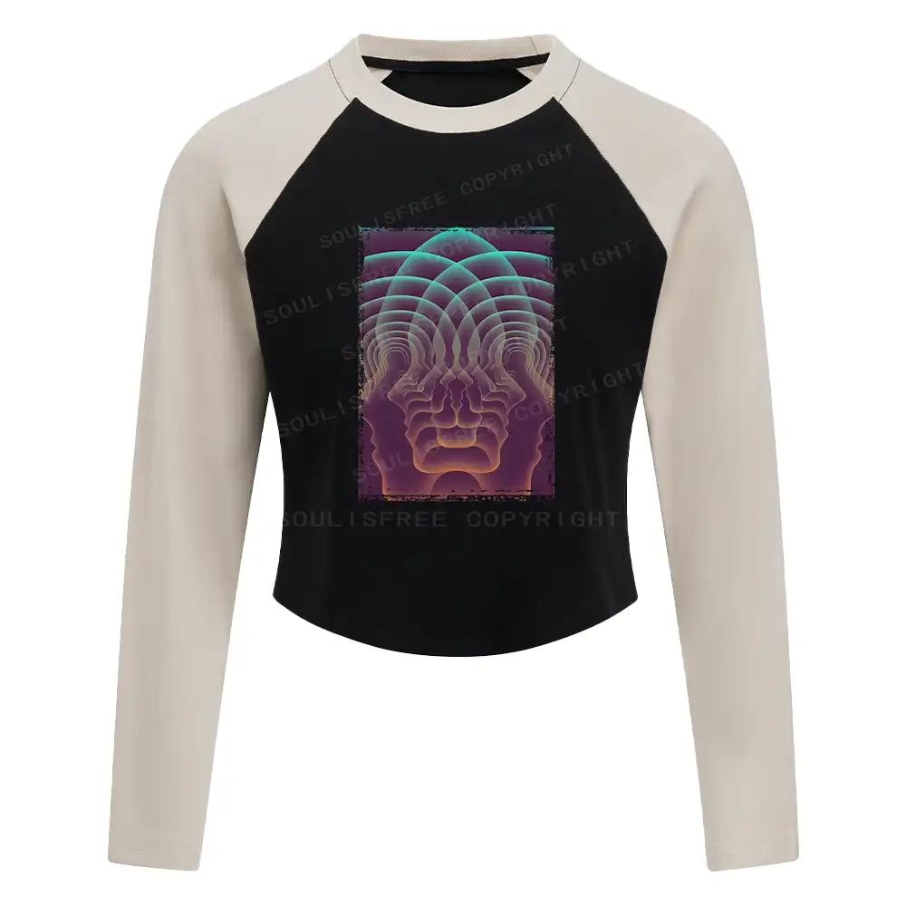 Do You Really Know Yourself Block Raglan Long Sleeve Crop Top