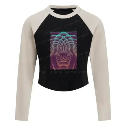 Do You Really Know Yourself Block Raglan Long Sleeve Crop Top