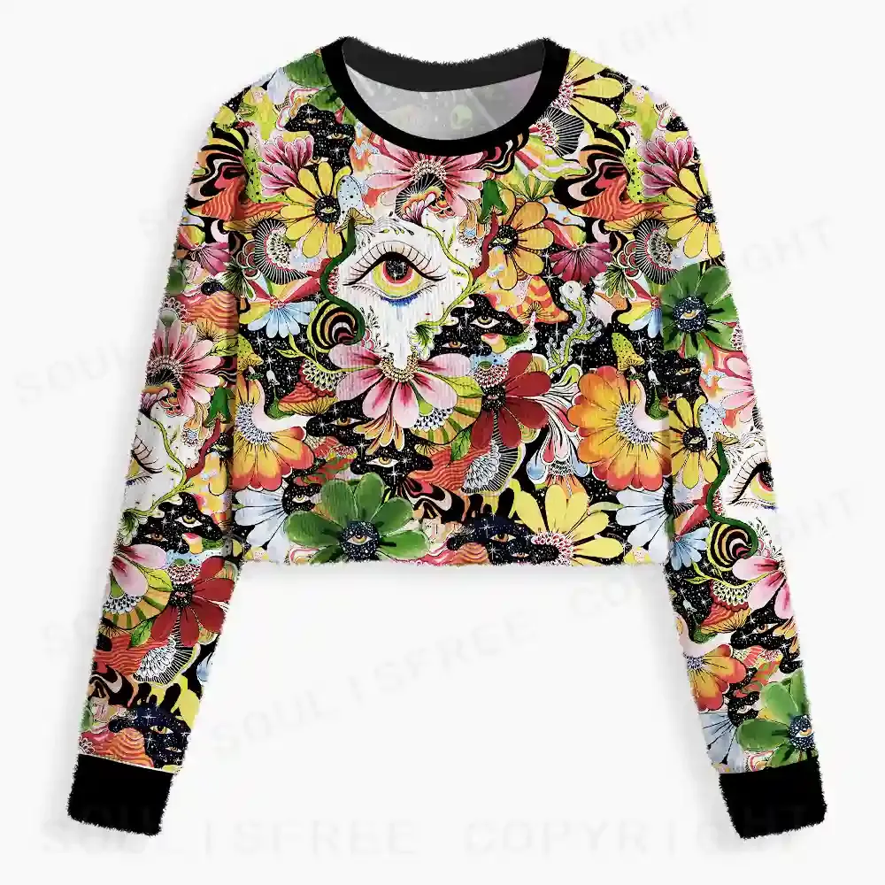 Whimsical Eyes: A Psychedelic Garden Adventure Cropped Ugly Christmas Sweater
