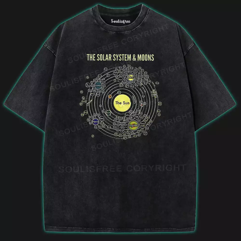 The Solar System & Moons Washed Space T-shirt