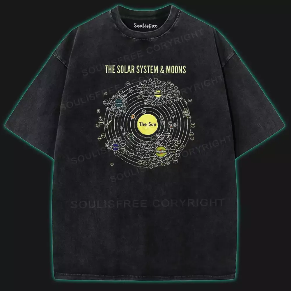 Designed The Solar System & Moons Washed Space T-shirt