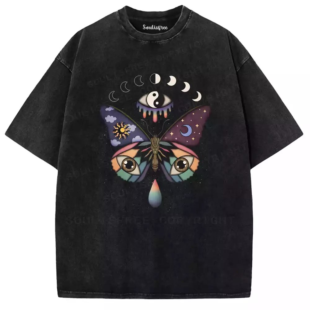 Yin-Yang Lunar Phase Butterfly Washed T-shirt