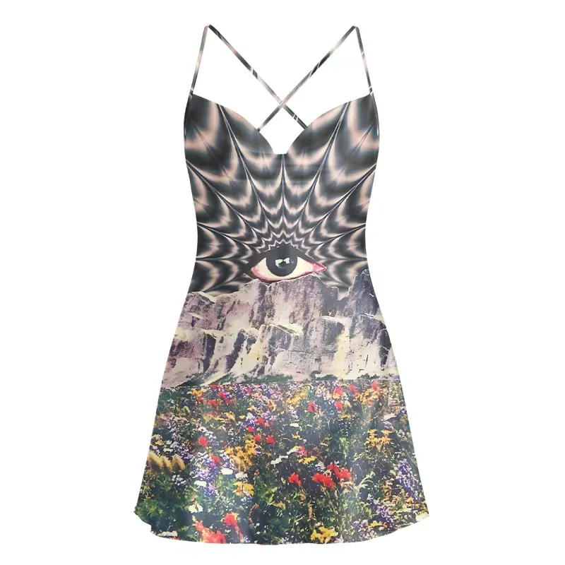 Soulisfree Psychedelic Meadow Vision Cowl Neck Satin Mini Dress