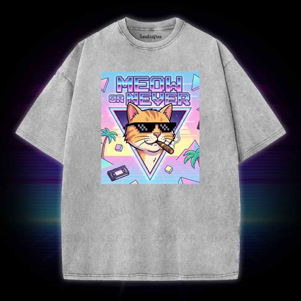 Soulisfree Meow Or Never Vaporwave Cat Washed Tee