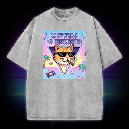 Soulisfree Meow Or Never Vaporwave Cat Washed Tee