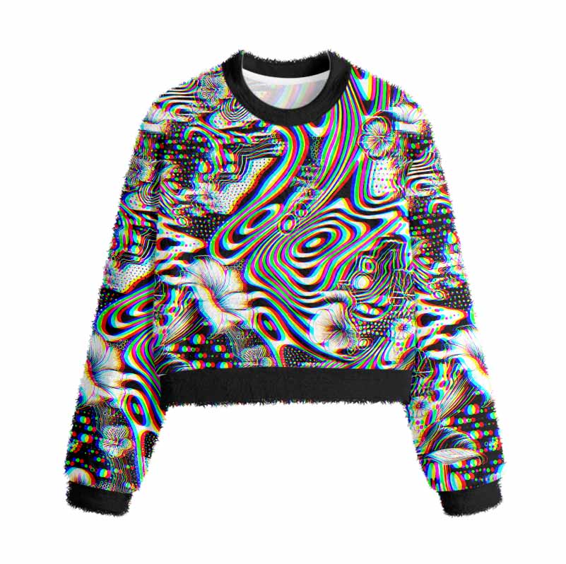 Soulisfree 3D Effect Abstract Swirl Botanical Women's Fuzzy Crewneck Sweater