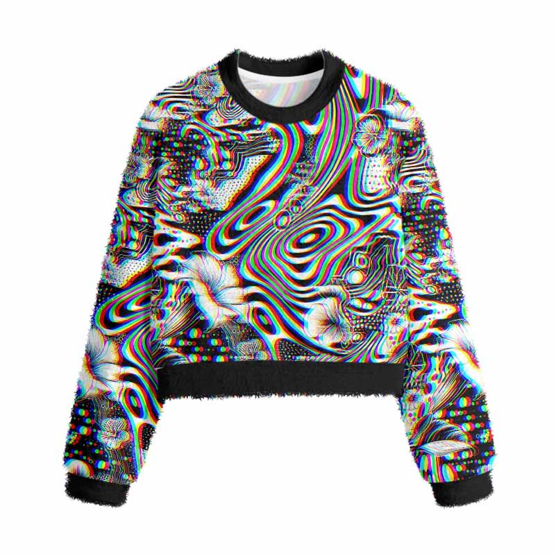 Soulisfree 3D Effect Abstract Swirl Botanical Women's Fuzzy Crewneck Sweater