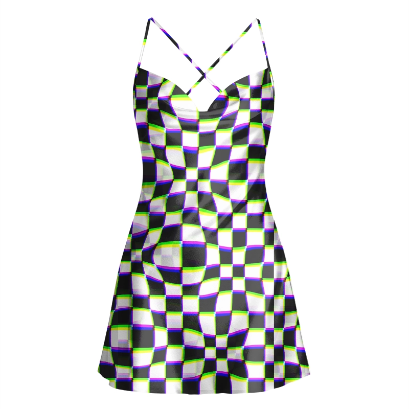 Soulisfree Psychedelic Chessboard Wave Cowl Neck Satin Mini Dress