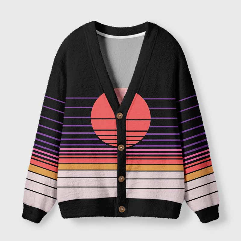 Soulisfree Synthwave Gradient Sunset Fuzzy Cardigan Sweater 