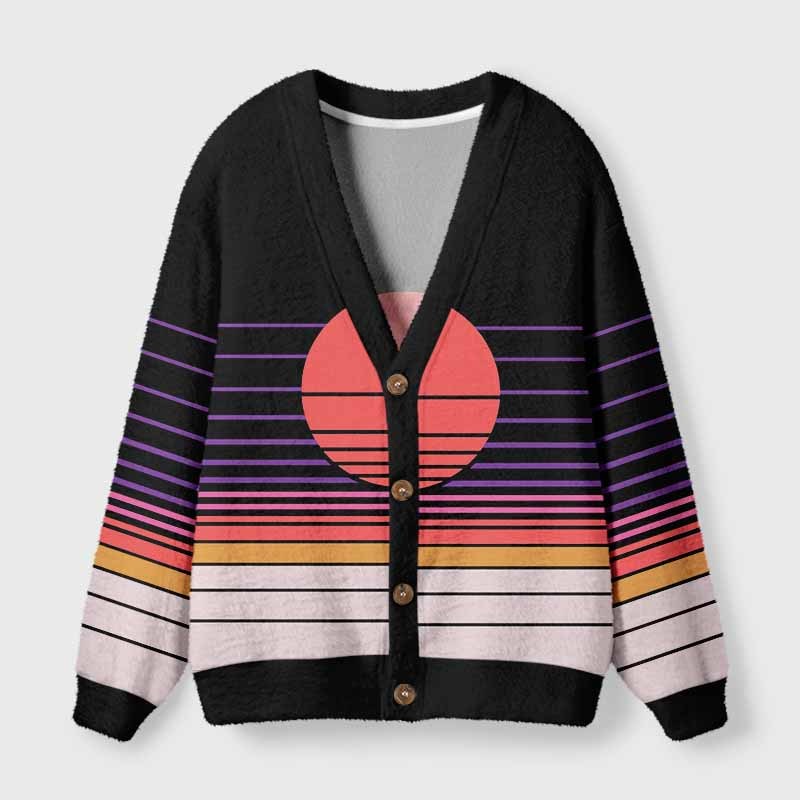 Soulisfree Synthwave Gradient Sunset Fuzzy Cardigan Sweater