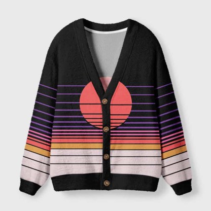 Soulisfree Synthwave Gradient Sunset Fuzzy Cardigan Sweater 