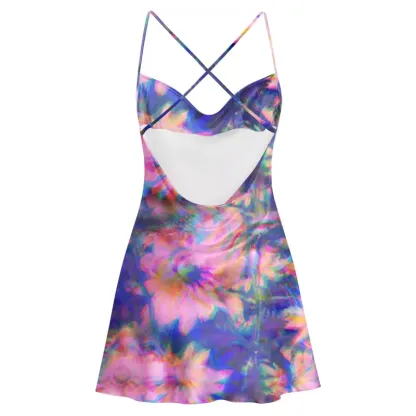 Soulisfree Iridescent Bloom  Cowl Neck Satin Mini Dress