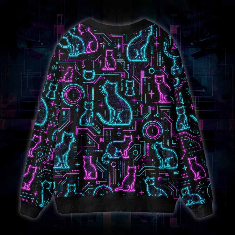 Soulisfree Neon Cat Network Fuzzy Cardigan Sweater 