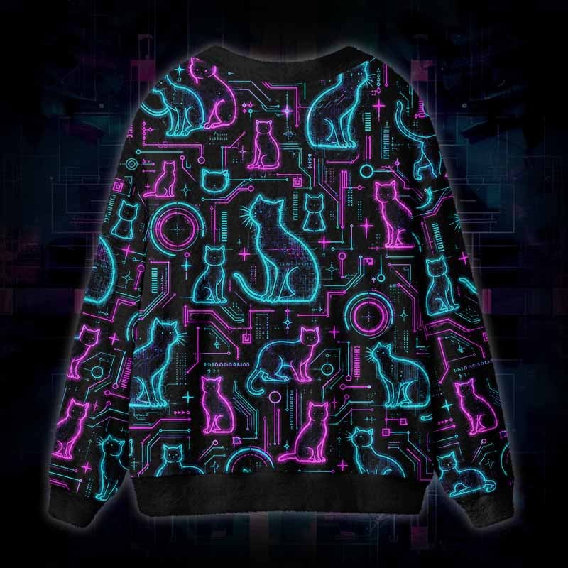 Soulisfree Neon Cat Network Fuzzy Cardigan Sweater 