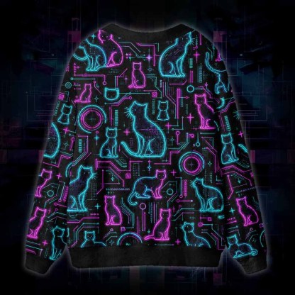 Soulisfree Neon Cat Network Fuzzy Cardigan Sweater 