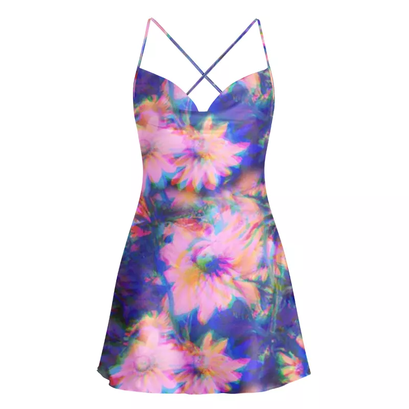 Soulisfree Iridescent Bloom  Cowl Neck Satin Mini Dress