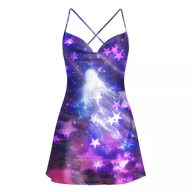 Soulisfree Ethereal Cosmic Starlight  Cowl Neck Satin Mini Dress
