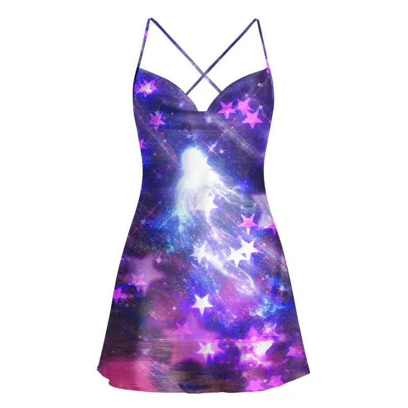 Soulisfree Ethereal Cosmic Starlight Cowl Neck Satin Mini Dress