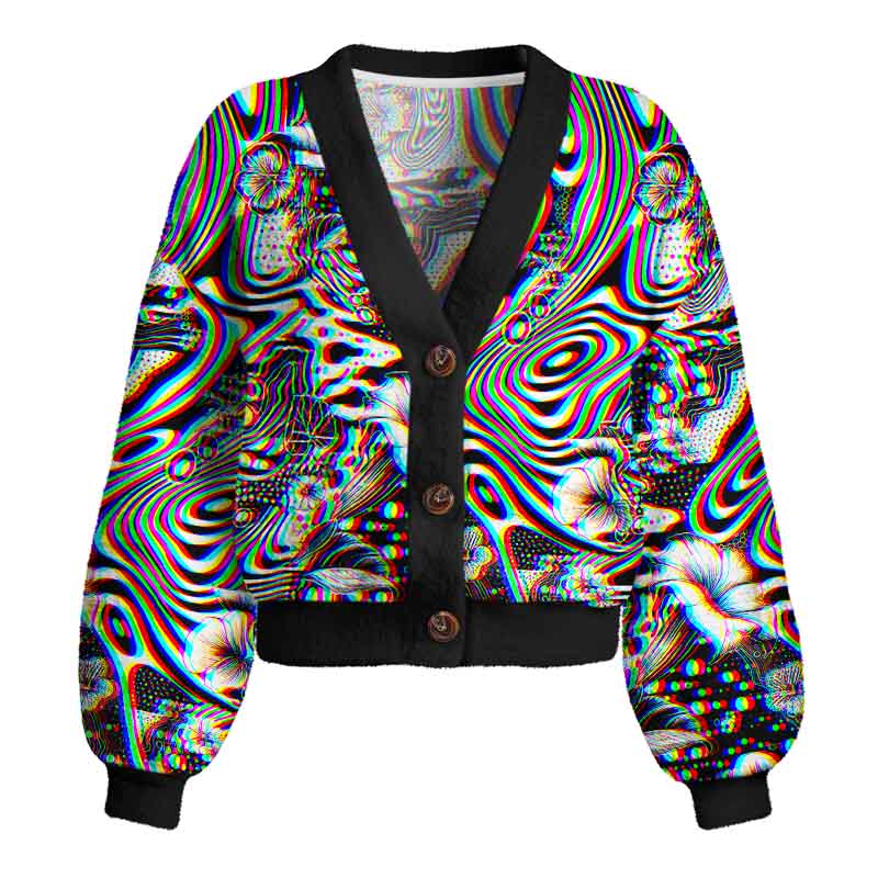 Soulisfree 3D Effect Abstract Swirl Botanical Women's Fuzzy Cardigan Sweater