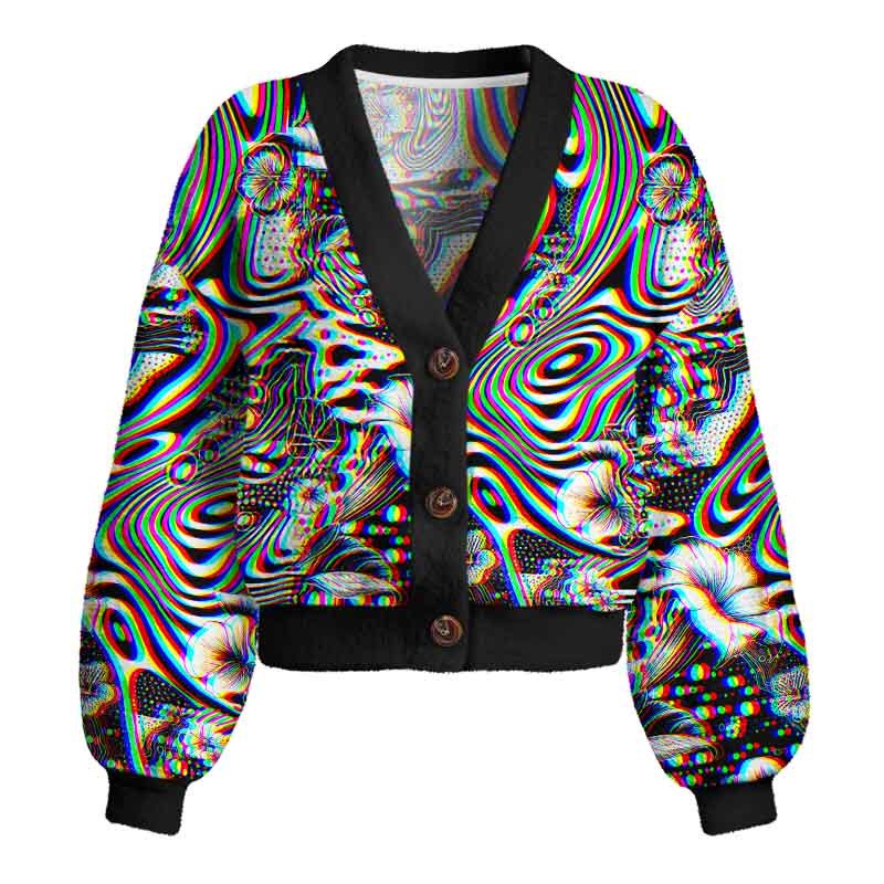 Soulisfree 3D Effect Abstract Swirl Botanical Women's Fuzzy Cardigan Sweater