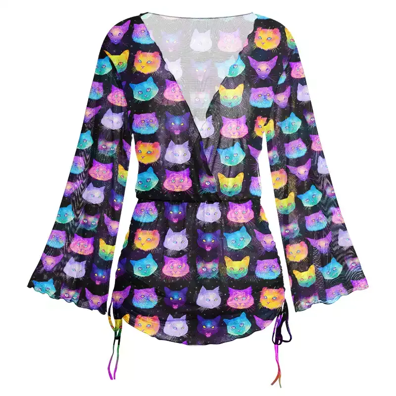 Soulisfree Cosmic Cats Sheer Mesh Cover Up
