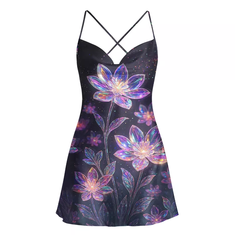 Soulisfree Glow-in-the-Dark Iridescent  Cowl Neck Satin Mini Dress