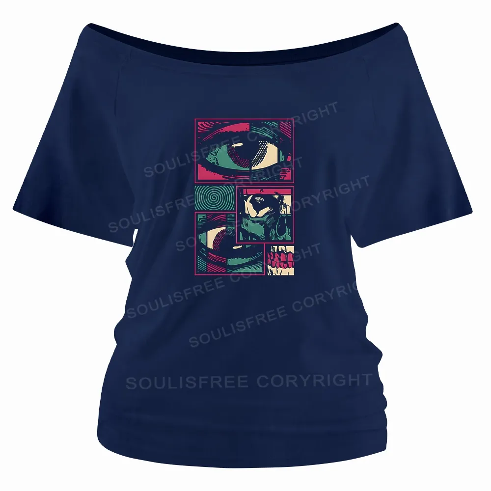 Designed Facial Fragments Off Shoulder Top