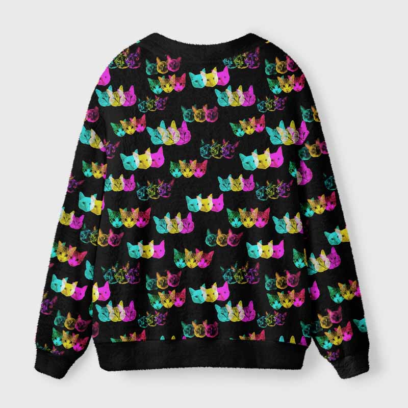 Soulisfree Glitch Art Neon Cat Fuzzy Cardigan Sweater 