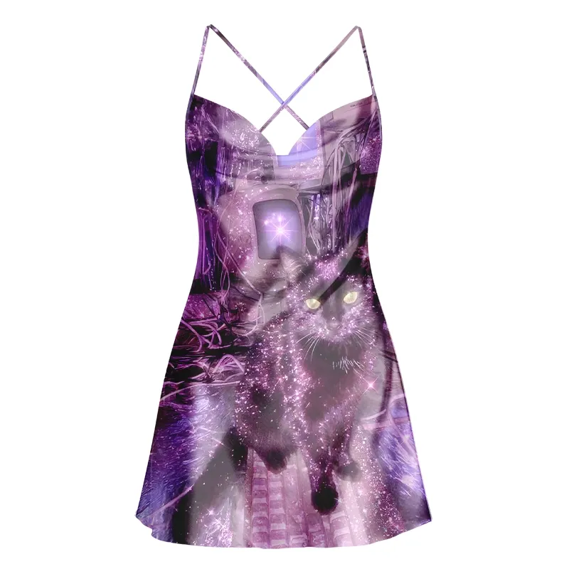 Soulisfree PURPLE WITCH CAT Cowl Neck Satin Mini Dress