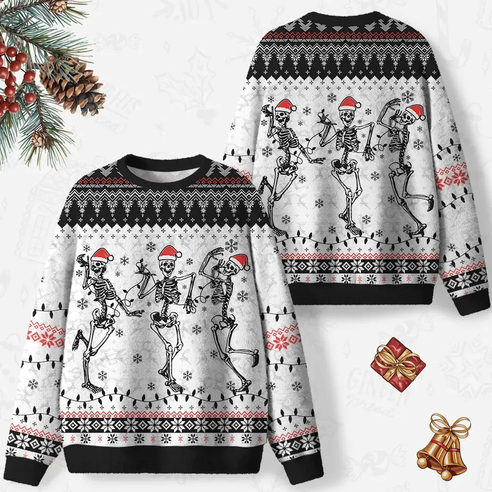 Jolly Dancing Skeletons Ugly Christmas Knit Sweatshirt