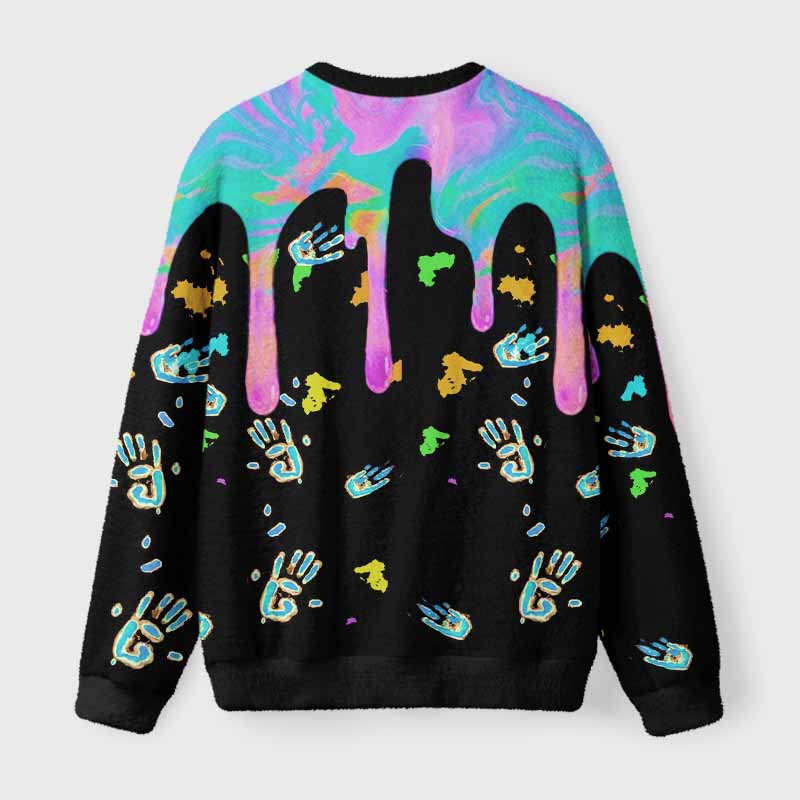 Soulisfree Neon Drip Galaxy with Floating Handprints Fuzzy Crewneck Sweater