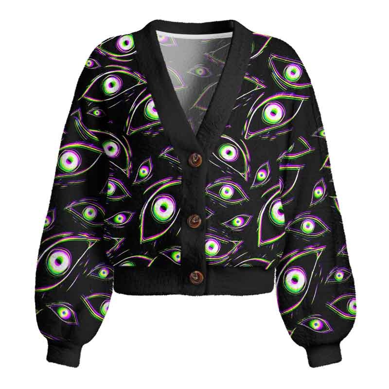 Soulisfree Glitch Vision Women's Fuzzy Cardigan Sweater