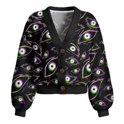 Soulisfree Glitch Vision Women's Fuzzy Cardigan Sweater