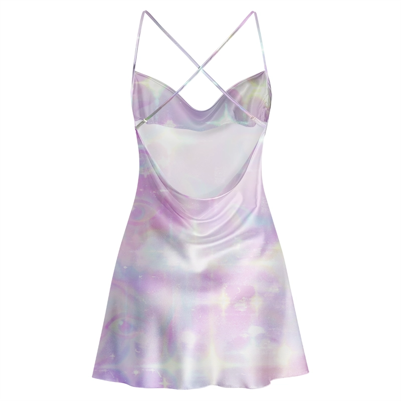 Soulisfree Holographic Dreamscape Cowl Neck Satin Mini Dress