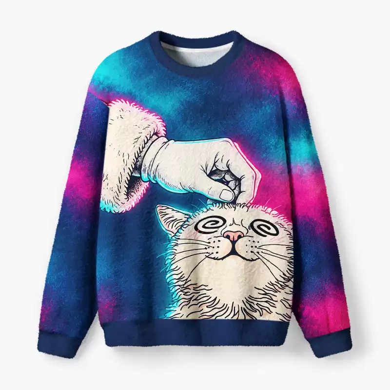 Soulisfree Santa And Cat Fuzzy Crewneck Sweater