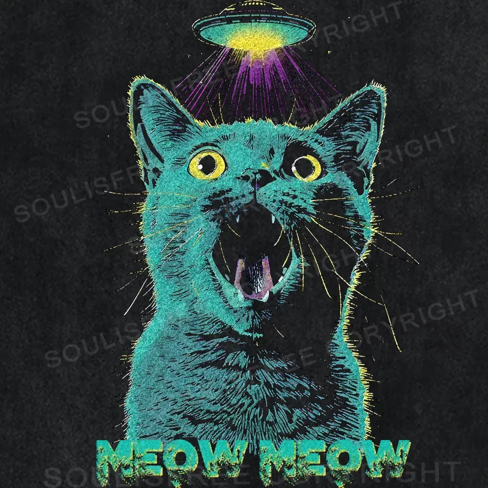 When A Cat Meets A UFO Washed UFO T-shirt