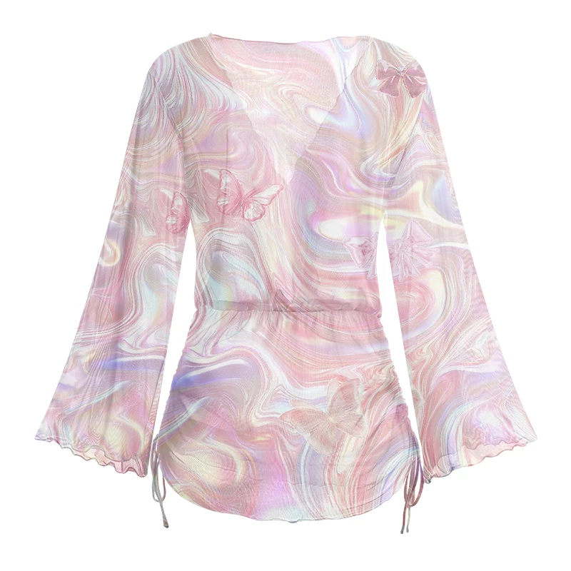 Soulisfree Marble Wings Slip Sheer Mesh Cover Up