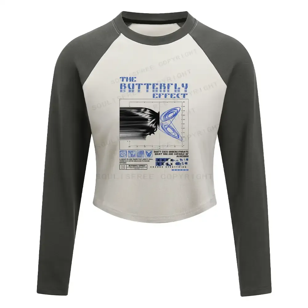 Chaos in Motion Washed T-shirt Block Raglan Long Sleeve Crop Top