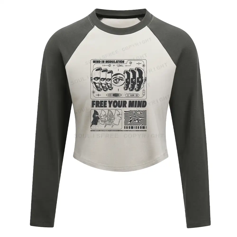 Lose Mind, Find Soul Washed Space T-shirt Washed Cropped Sweatshirt Block Raglan Long Sleeve Crop Top