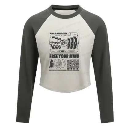 Lose Mind, Find Soul Washed Space T-shirt Washed Cropped Sweatshirt Block Raglan Long Sleeve Crop Top