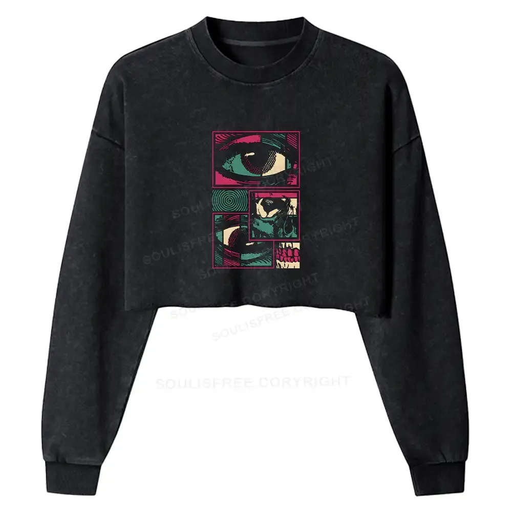 Designed Facial Fragments Washed Cropped Sweatshirt