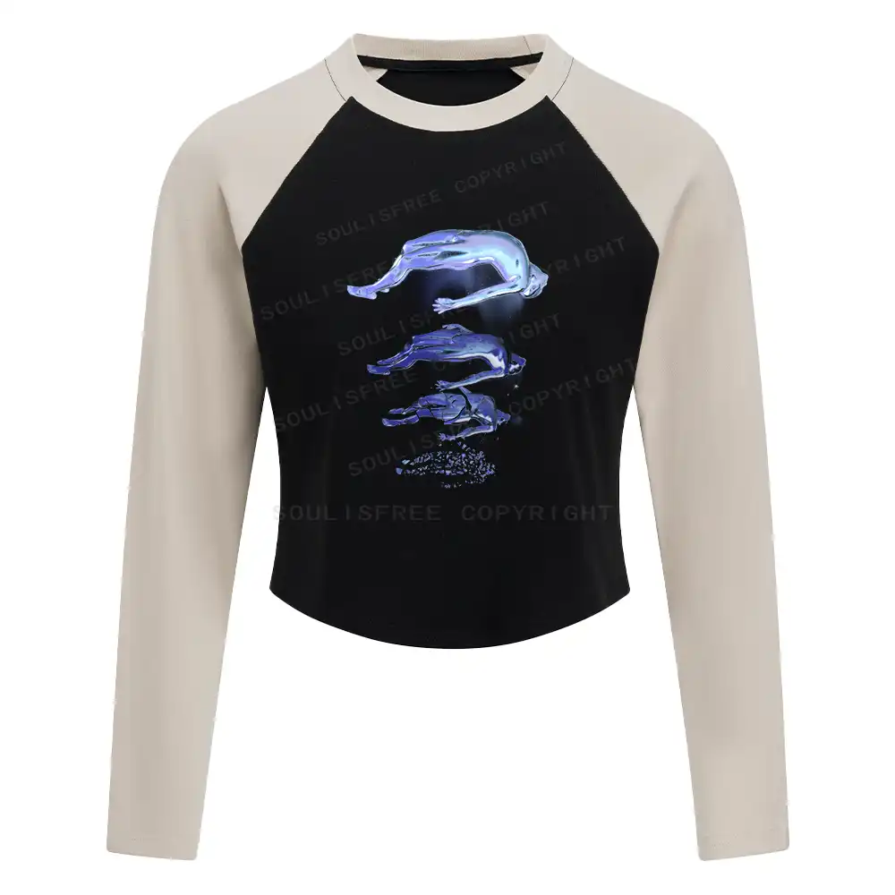 The Escape Of Consciousness Color Block Raglan Long Sleeve Crop Top