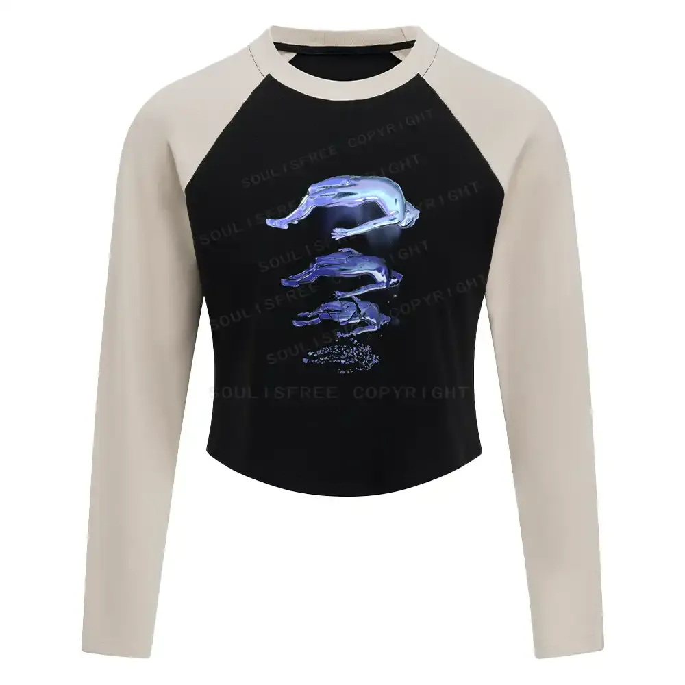 Designed The Escape Of Consciousness Color Block Raglan Long Sleeve Crop Top