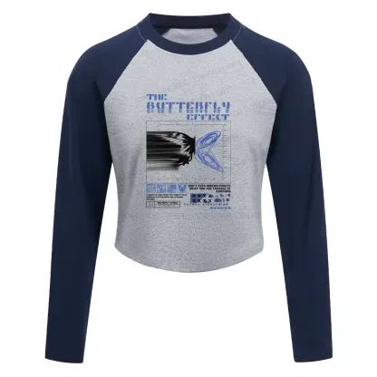 Chaos in Motion Washed T-shirt Block Raglan Long Sleeve Crop Top