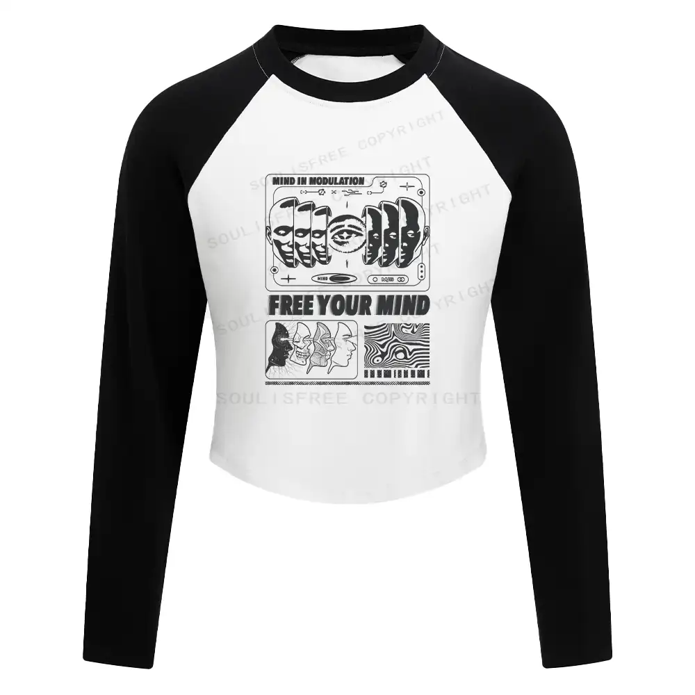 Lose Mind, Find Soul Washed Space T-shirt Washed Cropped Sweatshirt Block Raglan Long Sleeve Crop Top