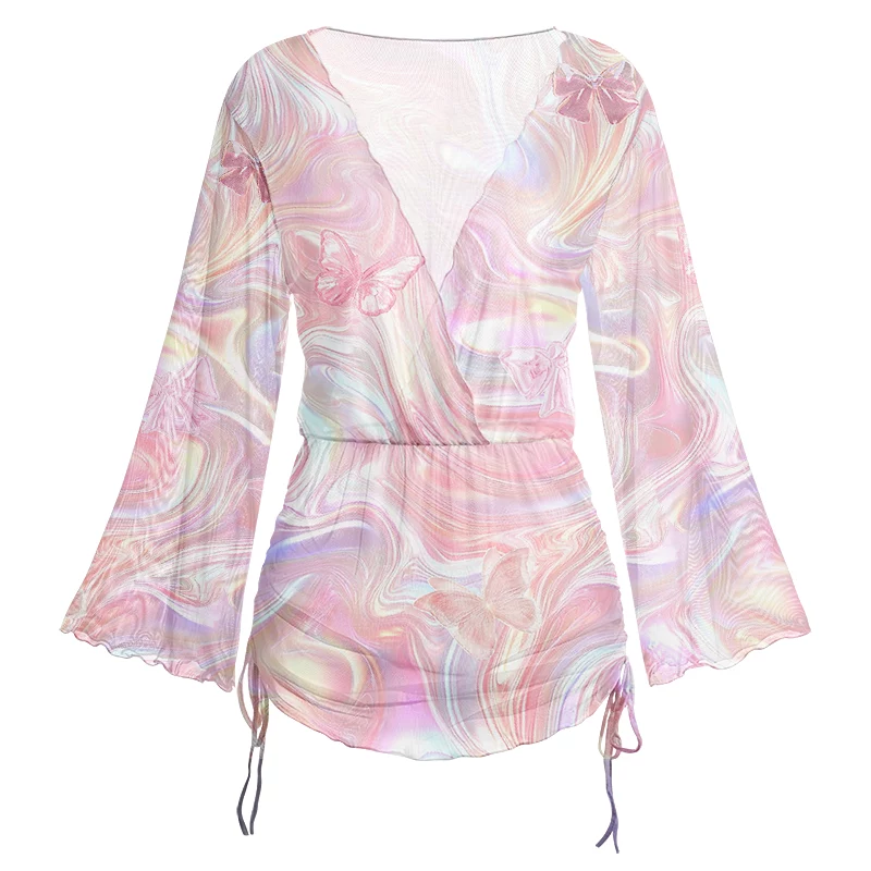 Soulisfree Marble Wings Slip Sheer Mesh Cover Up