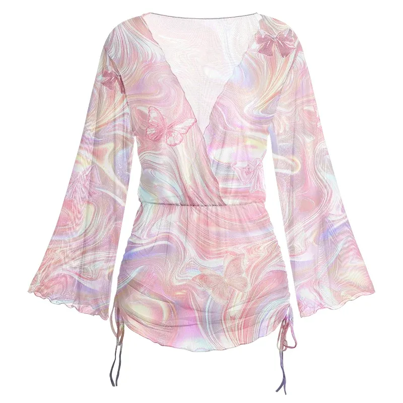 Soulisfree Marble Wings Slip Sheer Mesh Cover Up